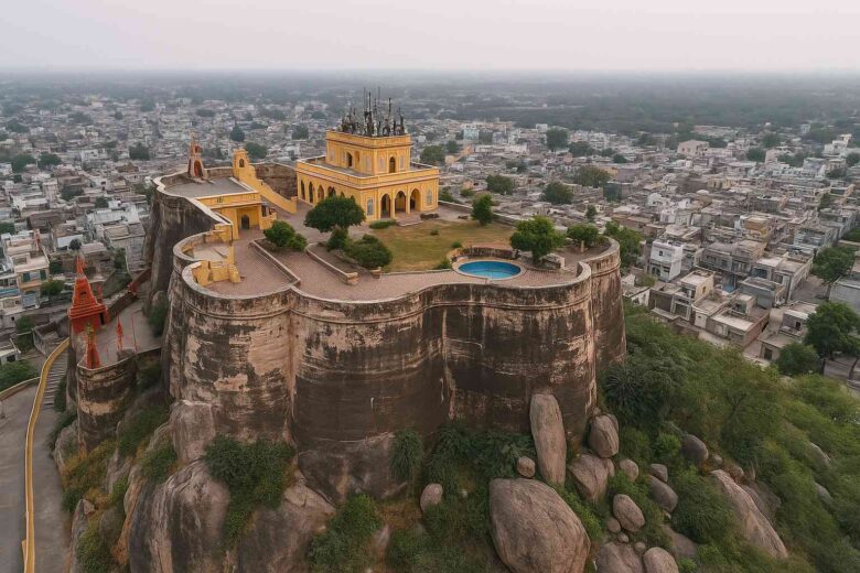 Hilltop view of Laxmangarh Fort in Sikar, Rajasthan with ancient architecture and surrounding town