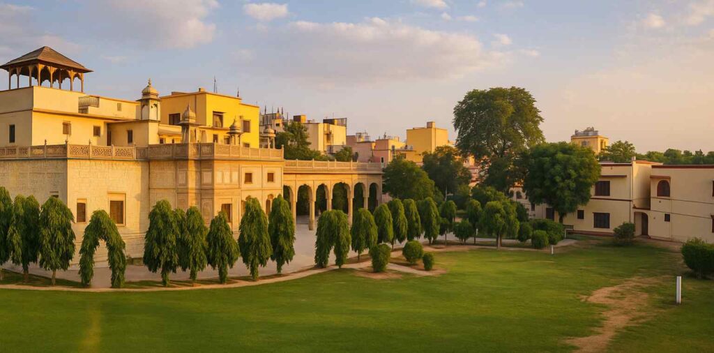 Front view of Rani Mahal in Sikar, Rajasthan with intricate Rajasthani architecture