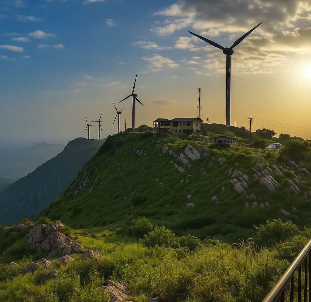 Wind turbines installed on Harsh Parvat hilltop for green energy generation
